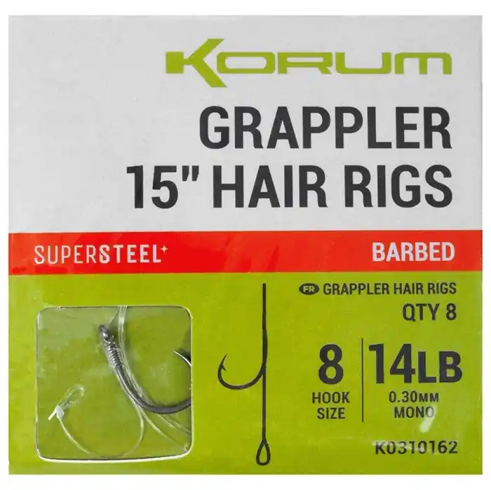 8ks - Hotové Návazce Korum Grappler Hair Rigs Barbed 38cm Velikost 12 0,26mm/10lb | Přímo od výrobce