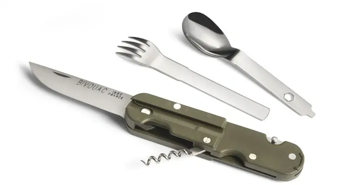 Velmi populární | Nůž Bivouac Camp Knife - Textile Pouch - Fork and Spoon Black