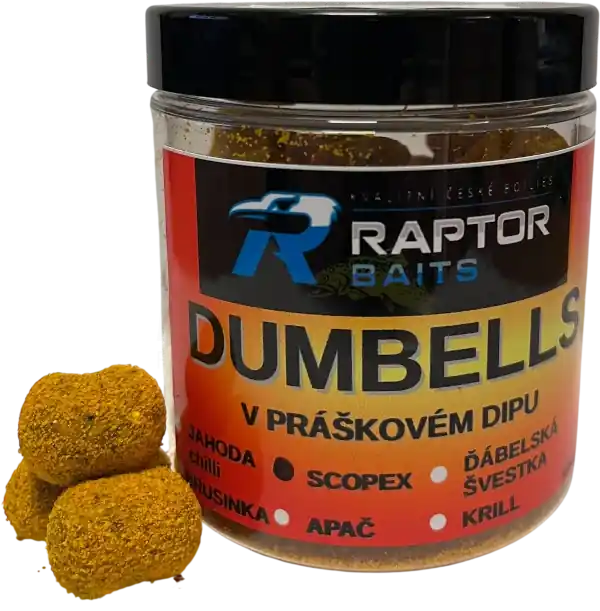 Právě dorazilo - RAPTOR BAITS Dumbells v praškové dipu Scopex 250ml